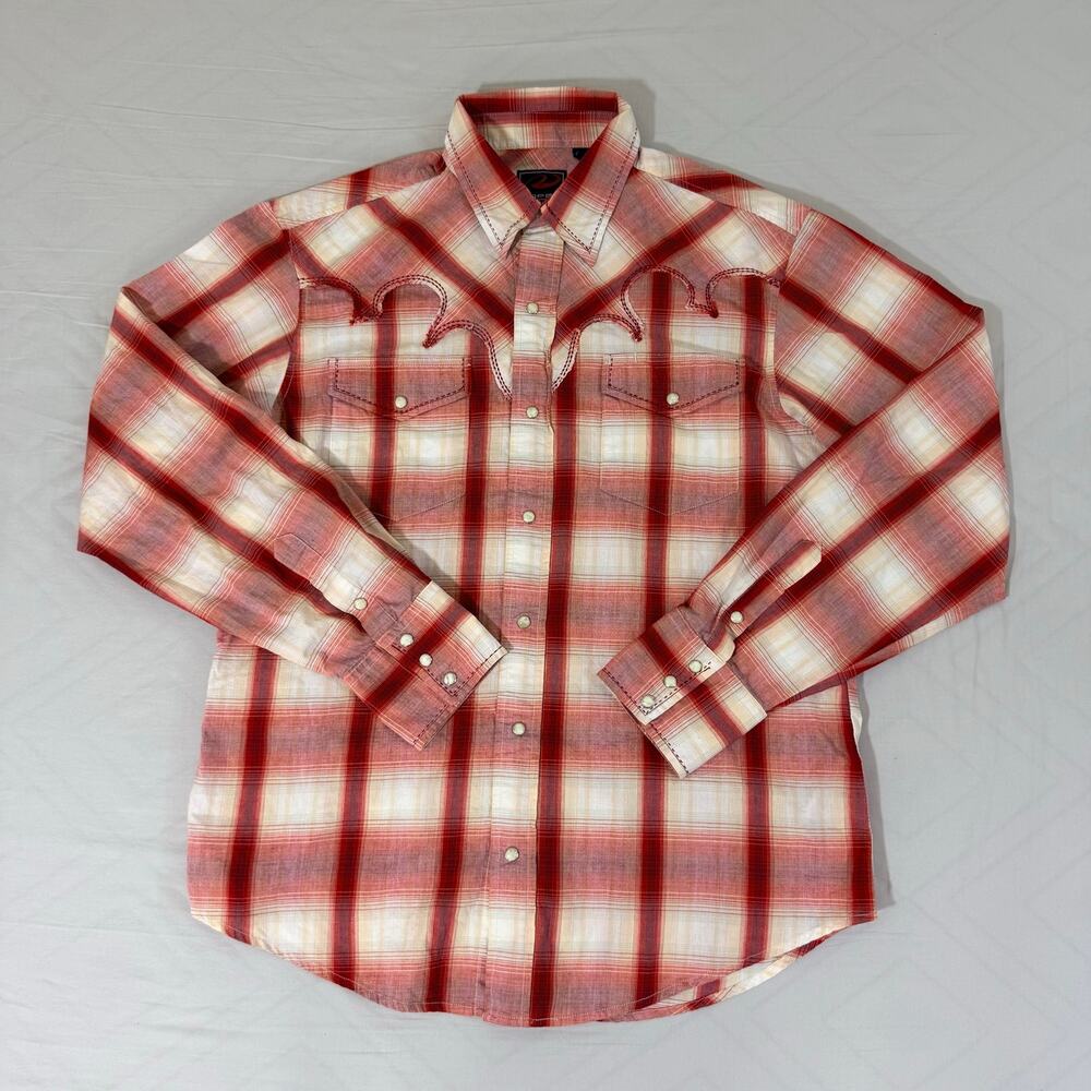 Roper Mens Large Western Pearl Snap Shirt Red Cream Plaid Long Sleeve Yoke